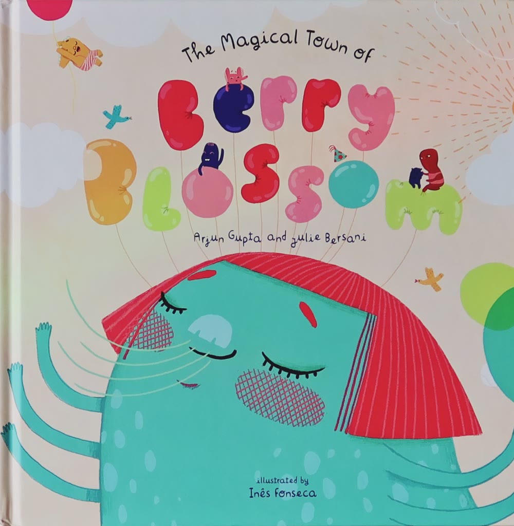 The Berry Blossom cover up close: a sleeping teal creature with a red crest under the hand-lettered title