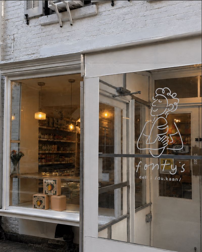 The shopfront of Fonty's in the West Village: the hand-drawn chicken logo on the glass door beside a lit window of shelves and cakes